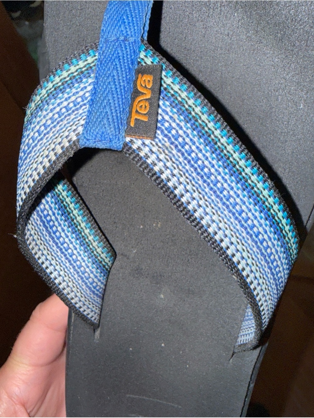 Teva Black Flip Flops with Blue Striped Fabric Straps size 9 comfy cushioning - Picture 9 of 9